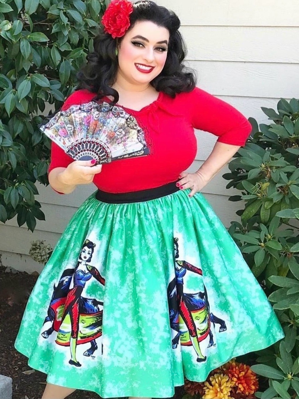 Pinup Couture Micheline Pitt Jenny Midi Skirt Dancing Matador Print Size 2XL